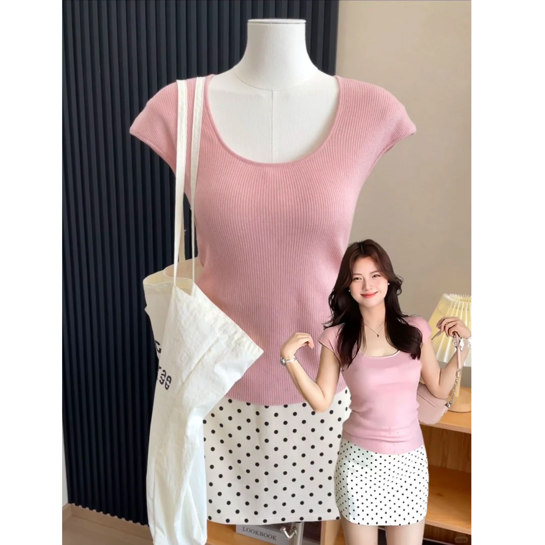 2025夏季新款纯欲U领正肩短袖超好看别致绝美修身上衣波点半身裙