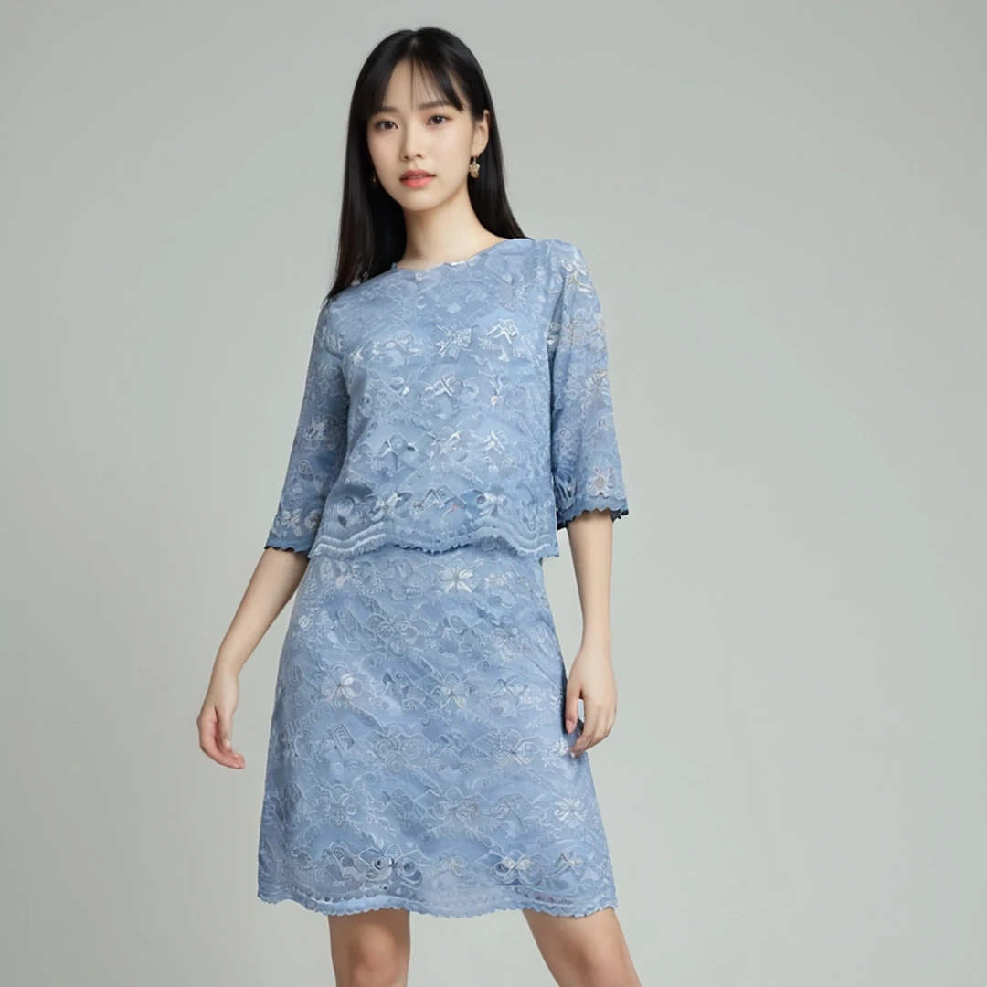 蓝色温柔透气镂空蕾丝直筒衬衫+半裙两件套A101