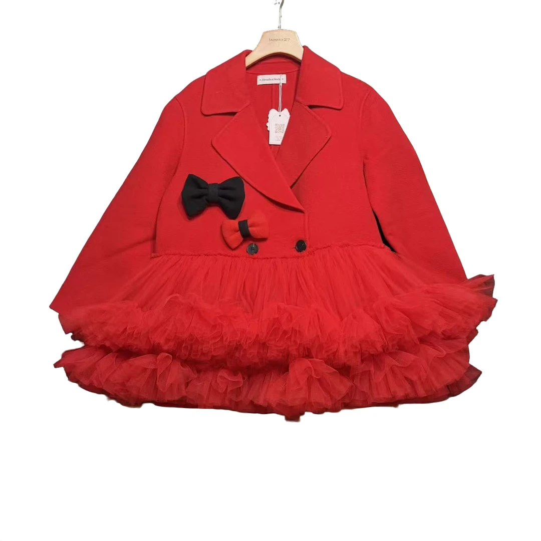 5858设计师韩版简约大红色休闲外套蝴蝶结秋冬毛呢时尚减龄蓬蓬裙