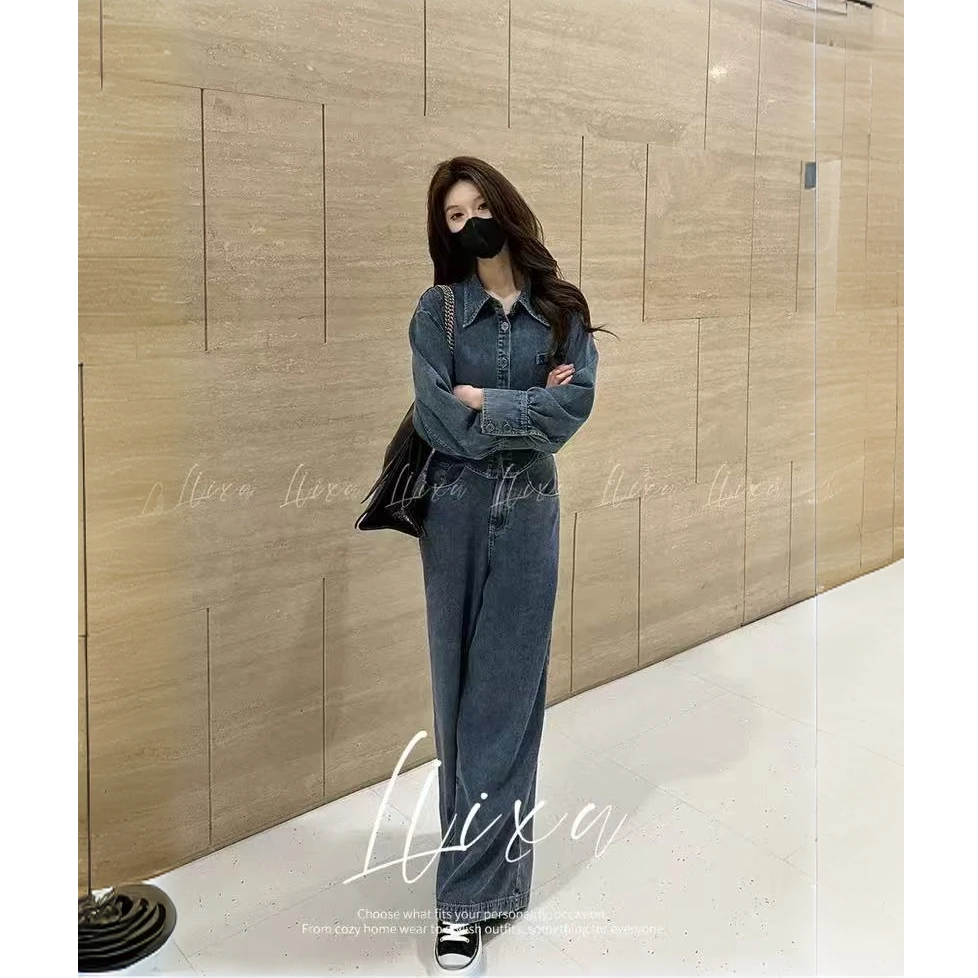 港风复古牛仔套装女春季长袖高级感气质阔腿裤两件套时尚
