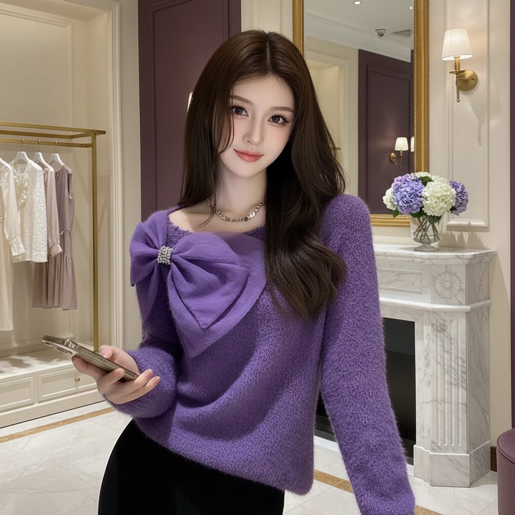 巨好看设计感时尚洋气时髦毛衣女秋冬高级感紫色蝴蝶结针织上衣女
