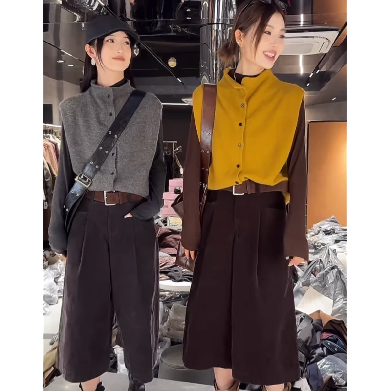 韩版立领单排扣开衫马甲+长袖针织衫打底衫叠穿上衣两件套装女潮