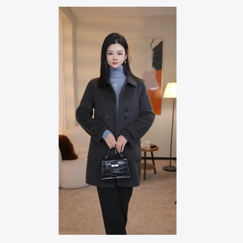 【柚子甄选】曼贝秋冬新款高端百搭长袖双面羊绒大衣8584418深灰色