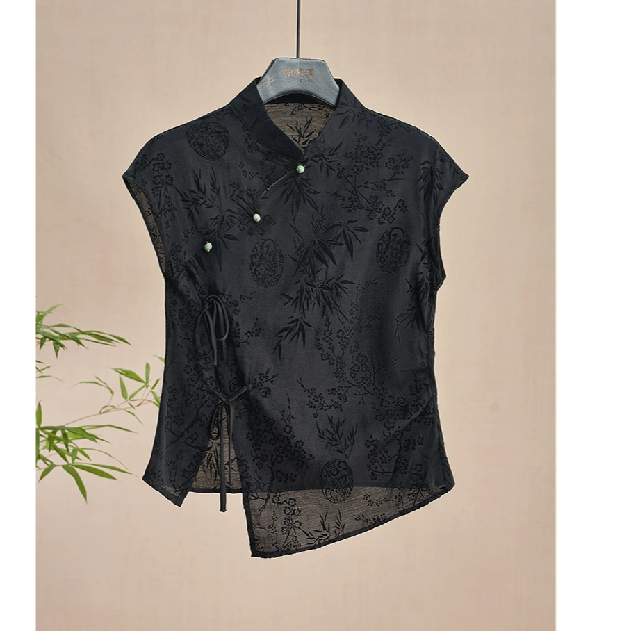 新中式国风黑色改良旗袍夏季新款复古短袖气质修身中国风洋气上衣