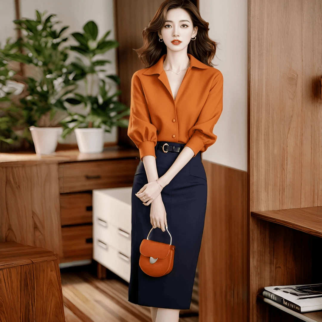 2025新款穿搭高级感干练气质女神范高端小香风橘色衬衫半身裙套装