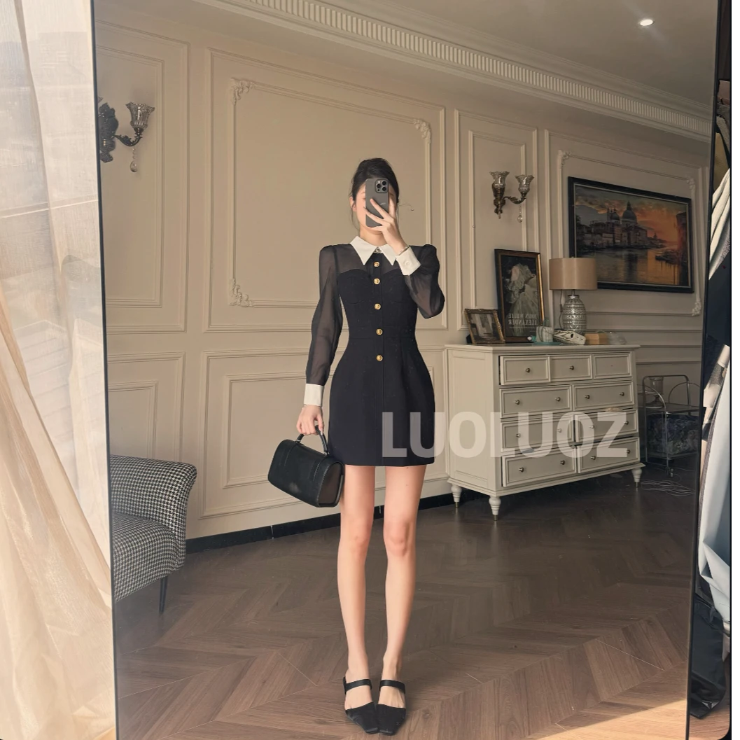 LUOLUOZ【日落奇遇记】高级气质网纱撞色时尚收腰短款连衣裙JF296