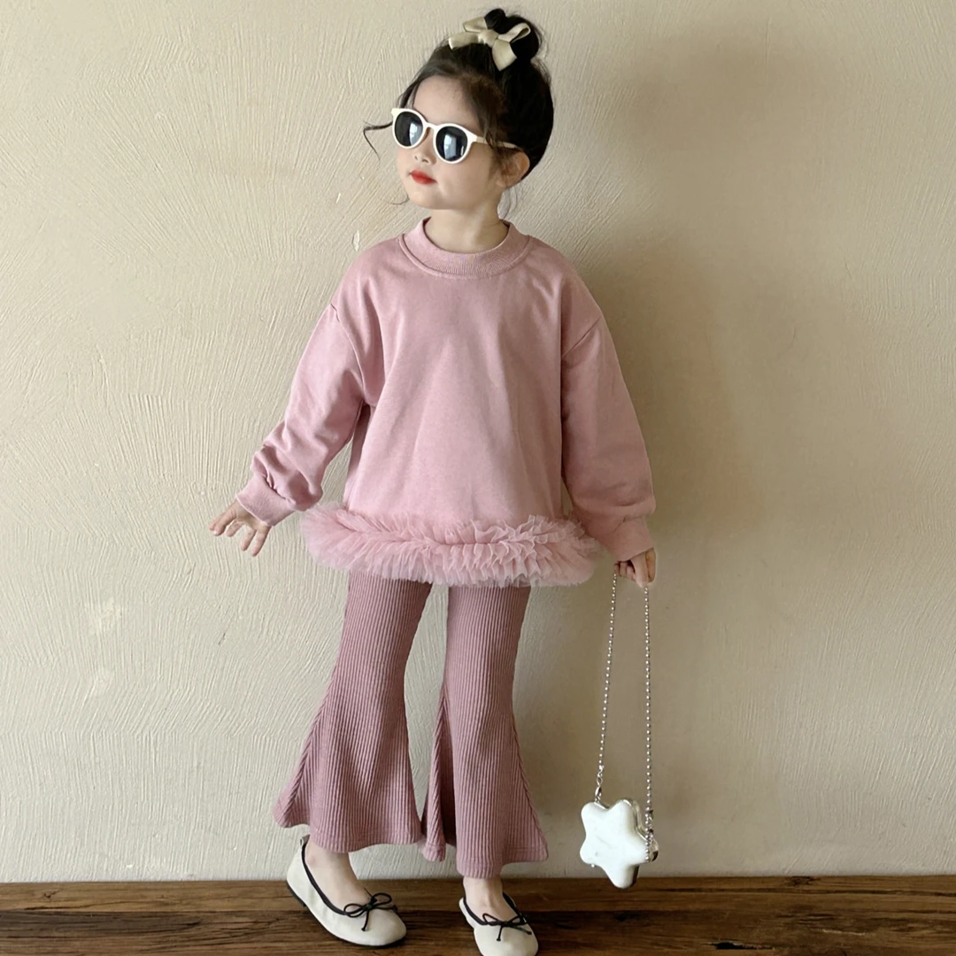 2025春秋新款童装网纱花边套头卫衣中小女童洋气上衣坑条喇叭裤