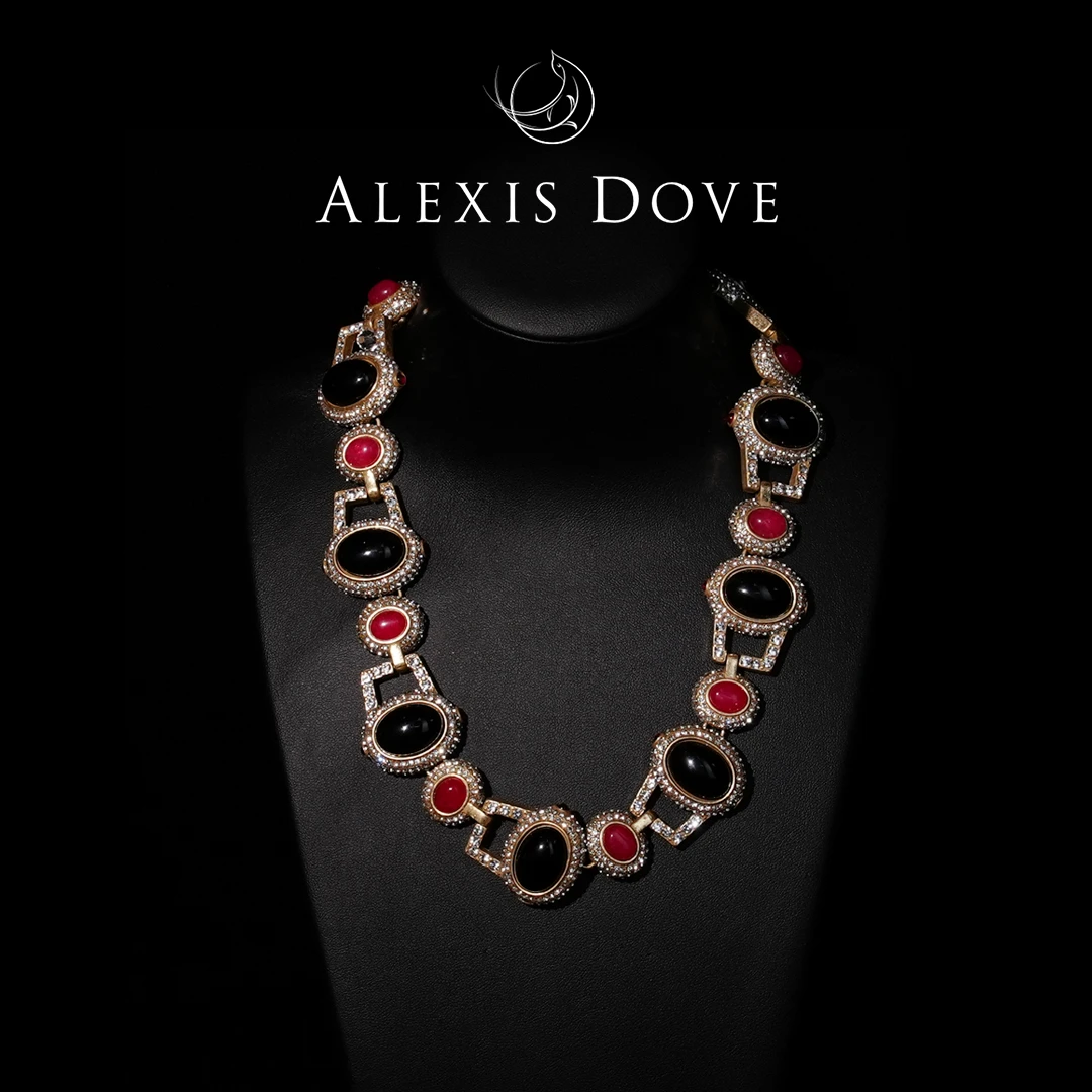 铜合金合成锆石项链 复古重工满镶撞色锁骨项链【乐亿】