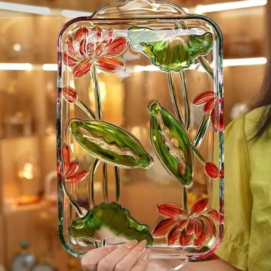 惊喜家1只创意荷花彩色玻璃盘甜点水果盘田园清新舒适好看