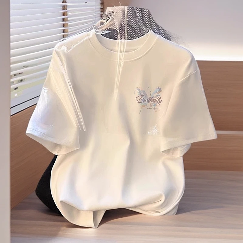 纯棉短袖t恤女白色2025夏季新款宽松显瘦半袖休闲美式上衣体恤衫