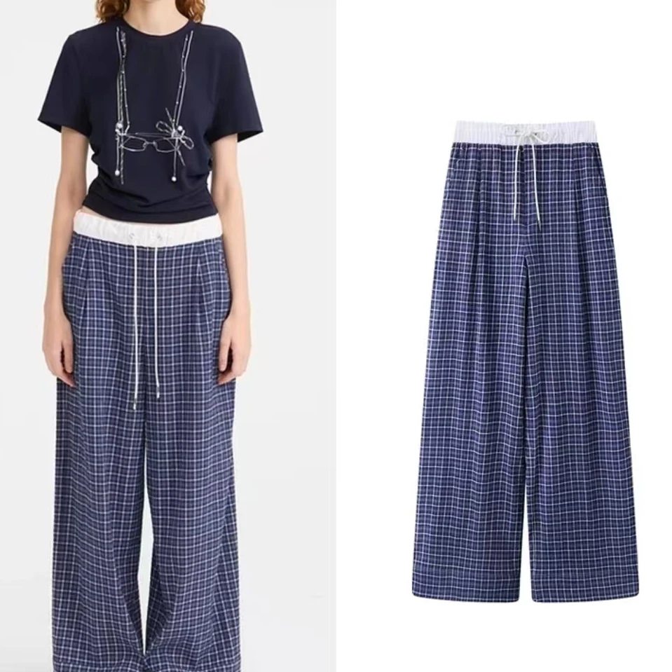 1452春季新款日式复古慵懒风松弛感蓝格纹阔腿休闲显瘦长裤