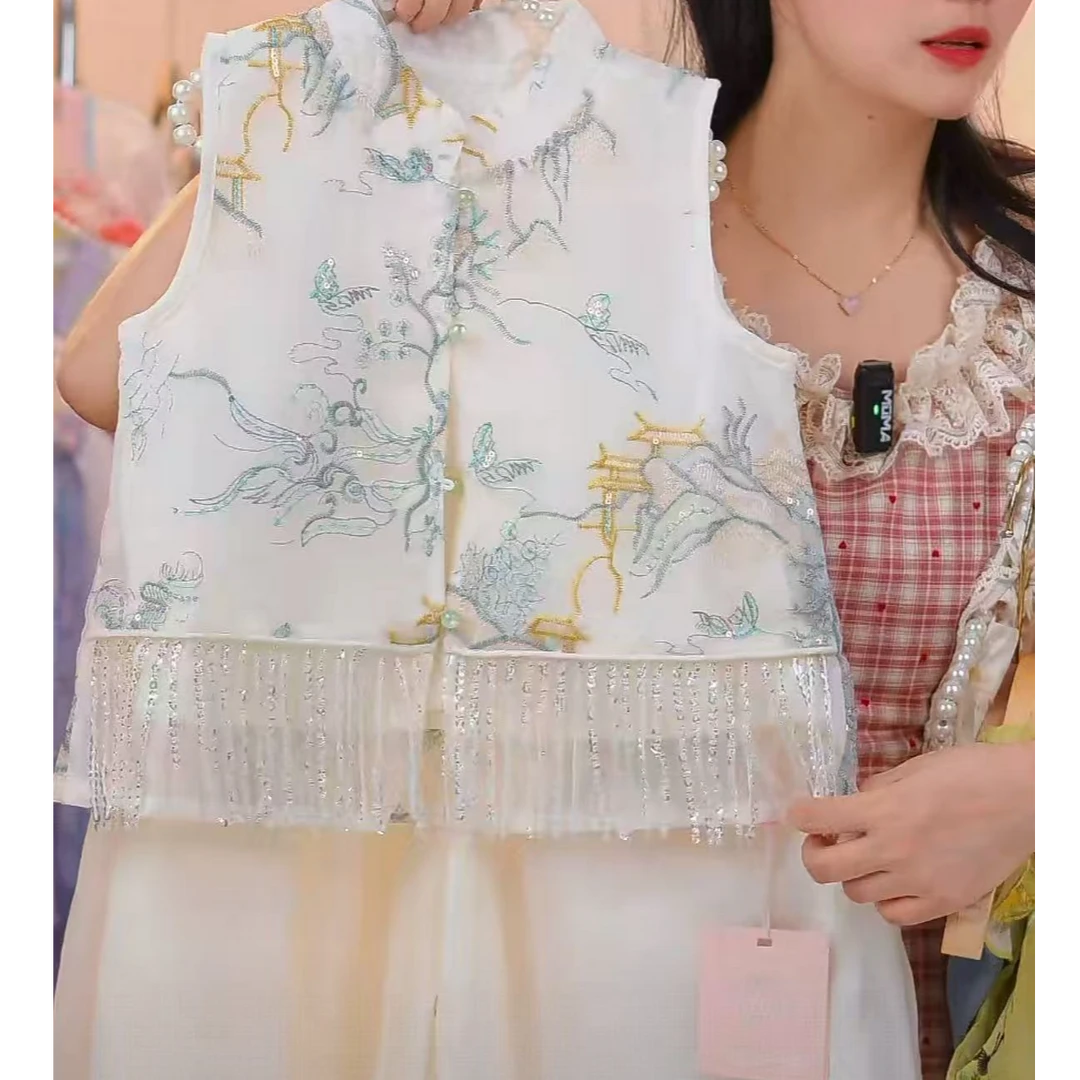 国风【亮片流苏】-青山-绣花套装】夏款2025女童套装