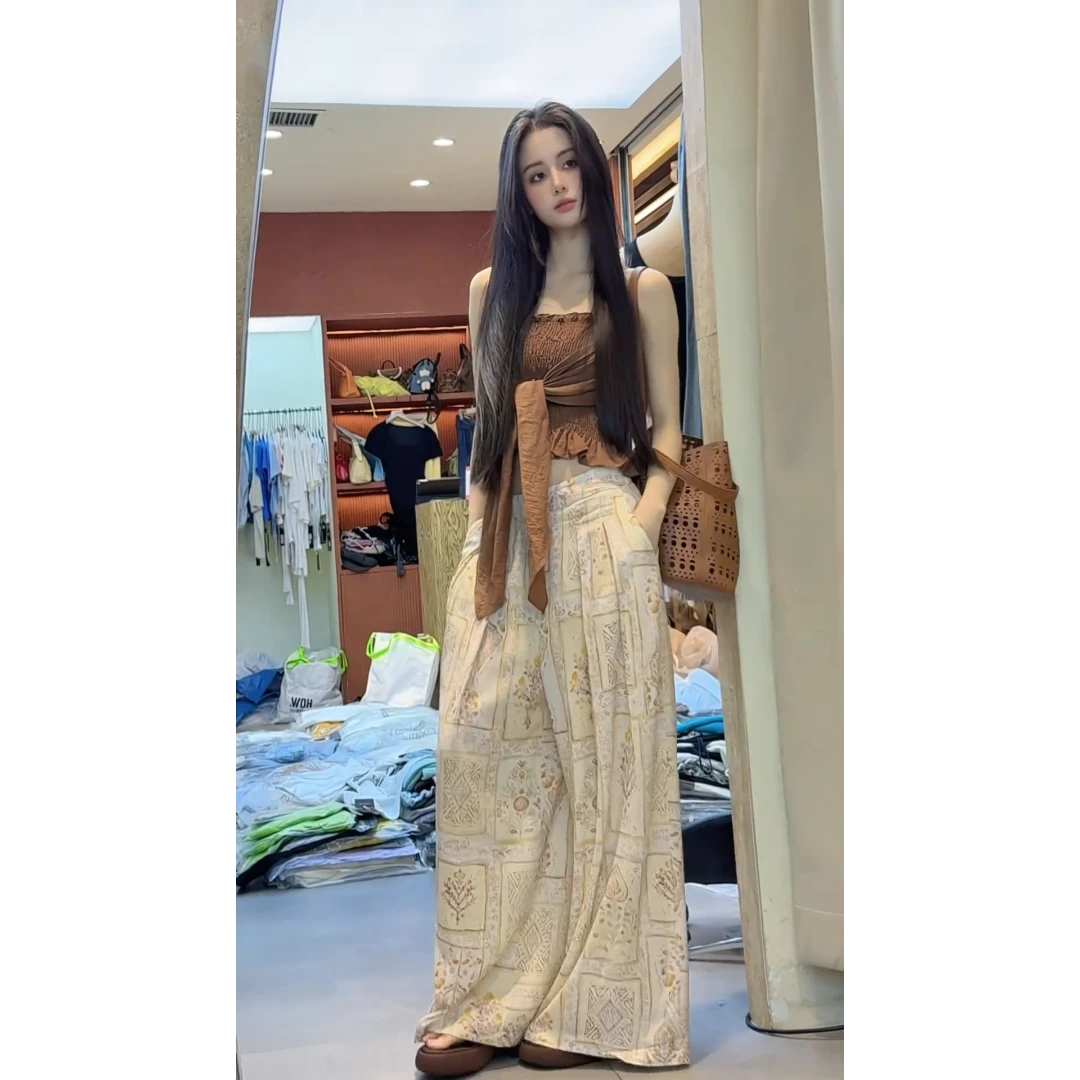 MARIE.COCO美式复古辣妹风系带抹胸背心上衣女印花宽松阔腿裤套装