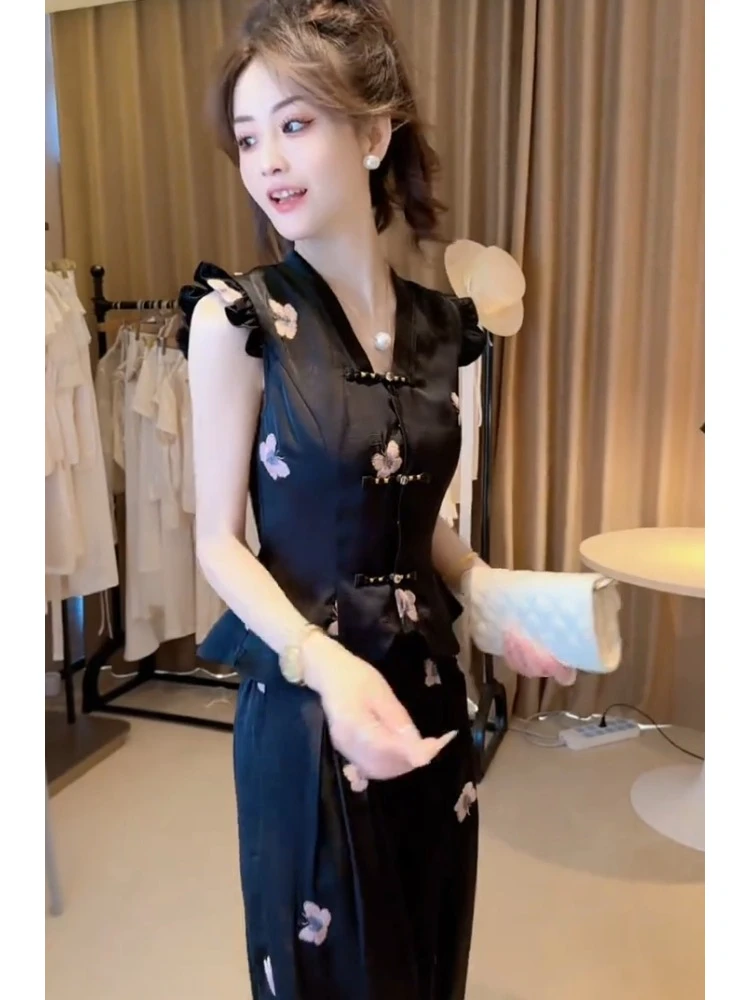 2025夏季新款气质高级感大方得体新中式黑色印花上衣阔腿裤套装女