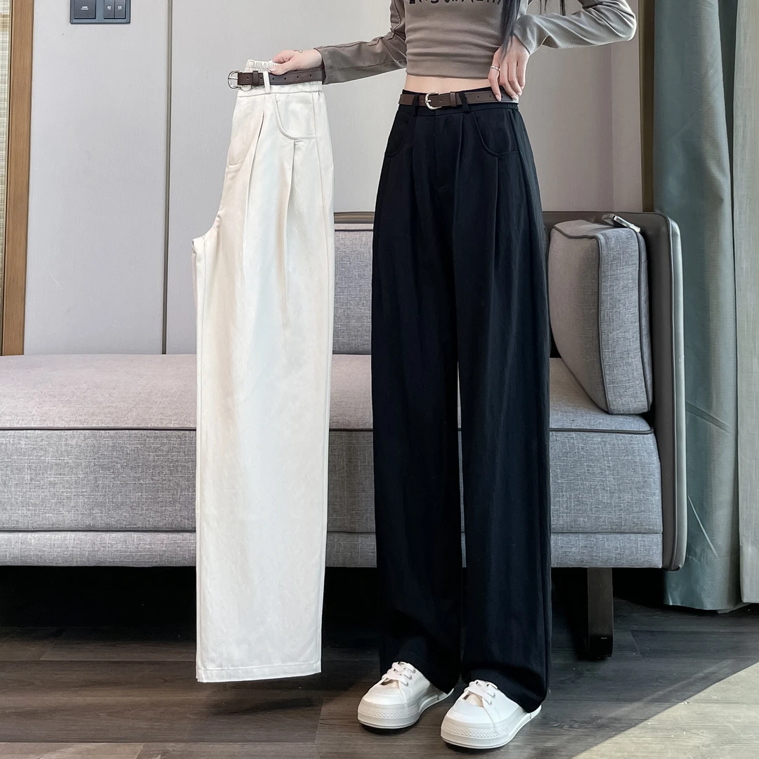 深蓝色阔腿牛仔裤女2025夏季薄款高腰小个子显高宽松拖地直筒裤子