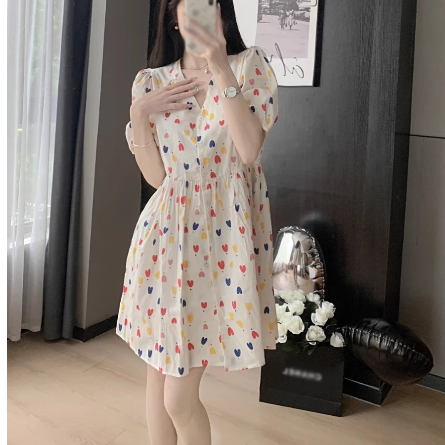 【现货】法式收腰显瘦甜美爱心碎花泡泡袖连衣裙女2025年夏季新款潮