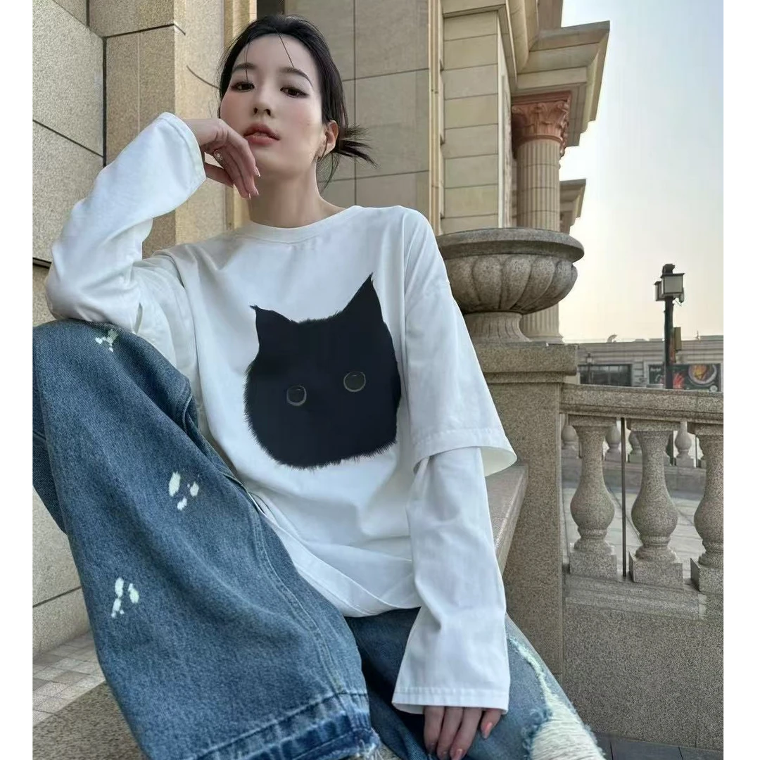 W292潮流常规宽松通勤时尚拼接假两件猫咪印花T恤292