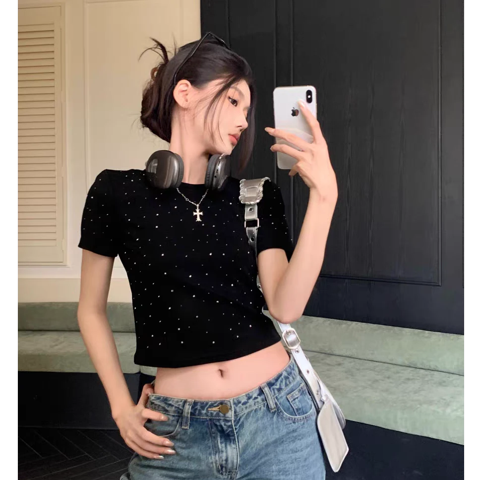 L349重工烫钻辣妹短款正肩短袖t恤女春夏设计小众美式修身上衣