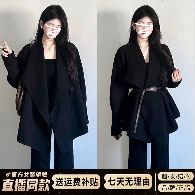 2025新款秋冬季韩系高级感黑色翻领针织开衫毛衣外套女秋冬小个子