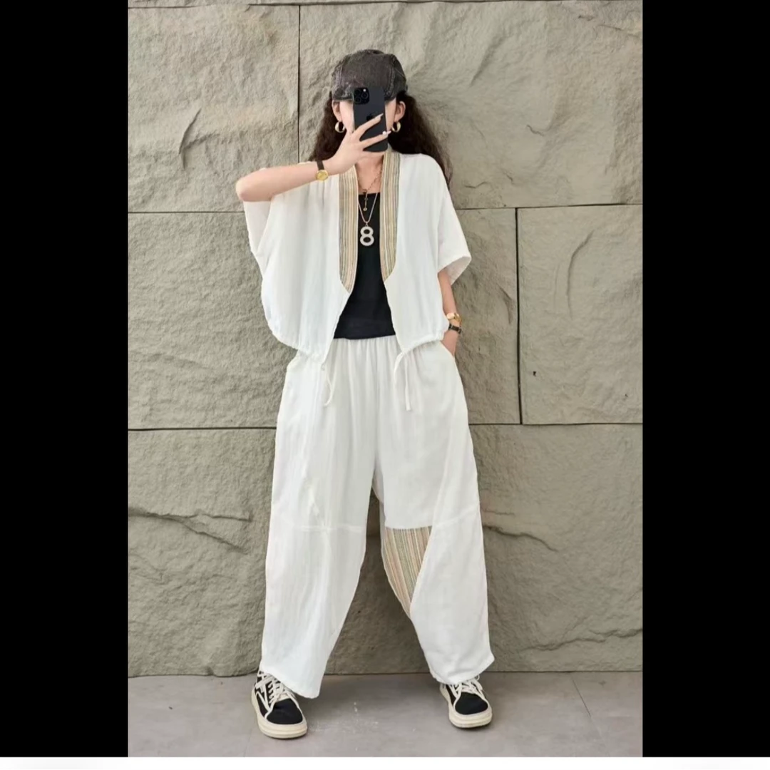 2025新款夏季半袖双织双纱休闲宽松时尚套装