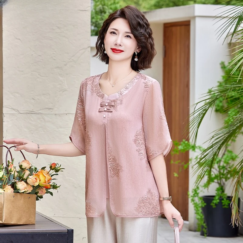 中年妈妈夏装国风刺绣T恤小衫2025新款洋气中老年女装上衣服套装
