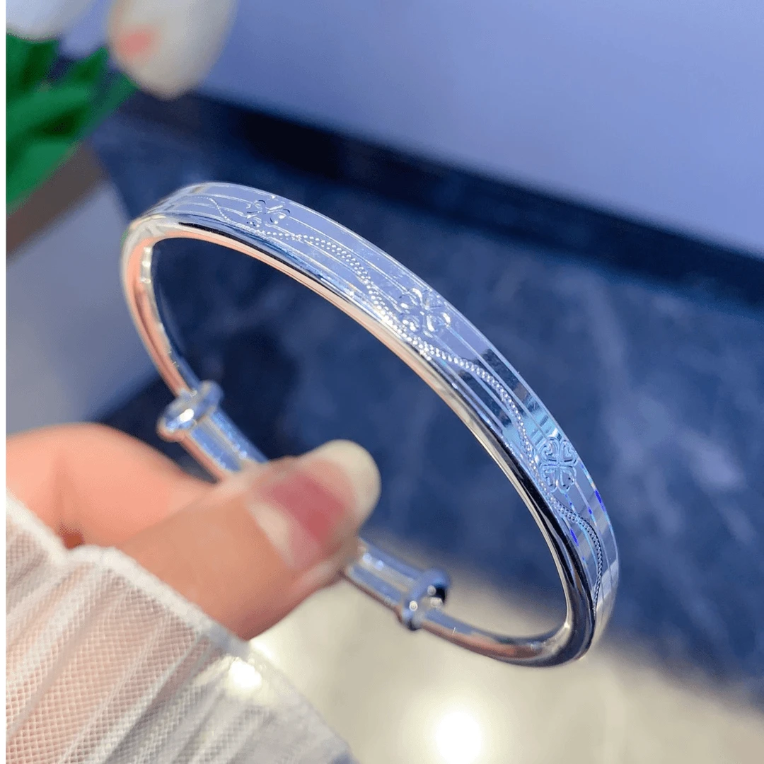 足银手镯 足银999.9七彩拉丝波浪四叶草推拉款手镯时尚简约银镯