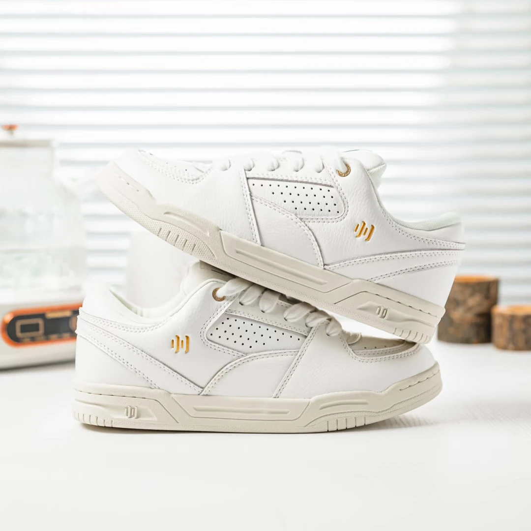 顽刻ollieskate白色荔枝纹皮面校园风复古小白鞋休闲男女美式板鞋