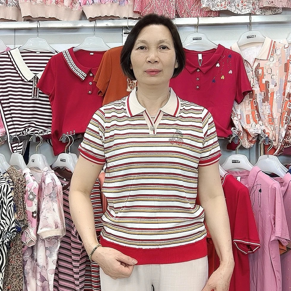 【金夫人妈妈装】中老年春夏新款条纹翻领短袖洋气T恤母亲节送婆婆