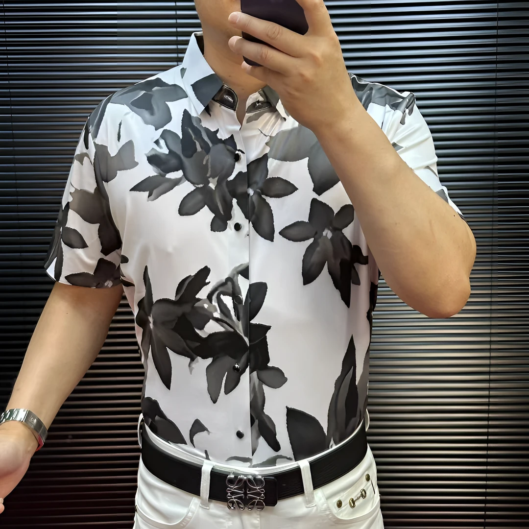 FLD甄选冰丝男士荷花冰凉短袖薄款商务修身短袖轻奢衬衫2503019