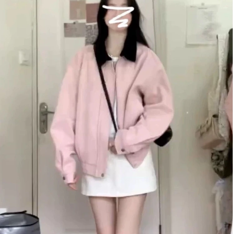 粉色翻领独特超好看外套女2025年新款春秋美式复古棒球服休闲夹克