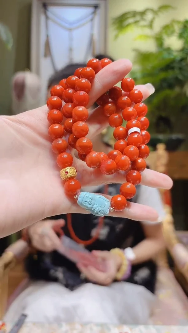 【闪购商品】南红玛瑙项链18K金镶嵌绿松财神南红项链T