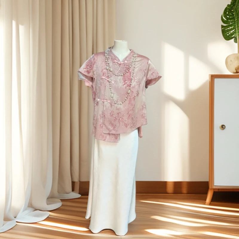 【夏竹】新中式立领盘扣气质提花上衣复古中国风夏季新款显瘦女装