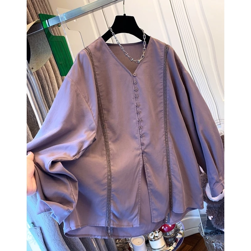 时尚法式气质小资蕾丝V领开叉长袖衬衫宽松独特漂亮上衣女秋新款