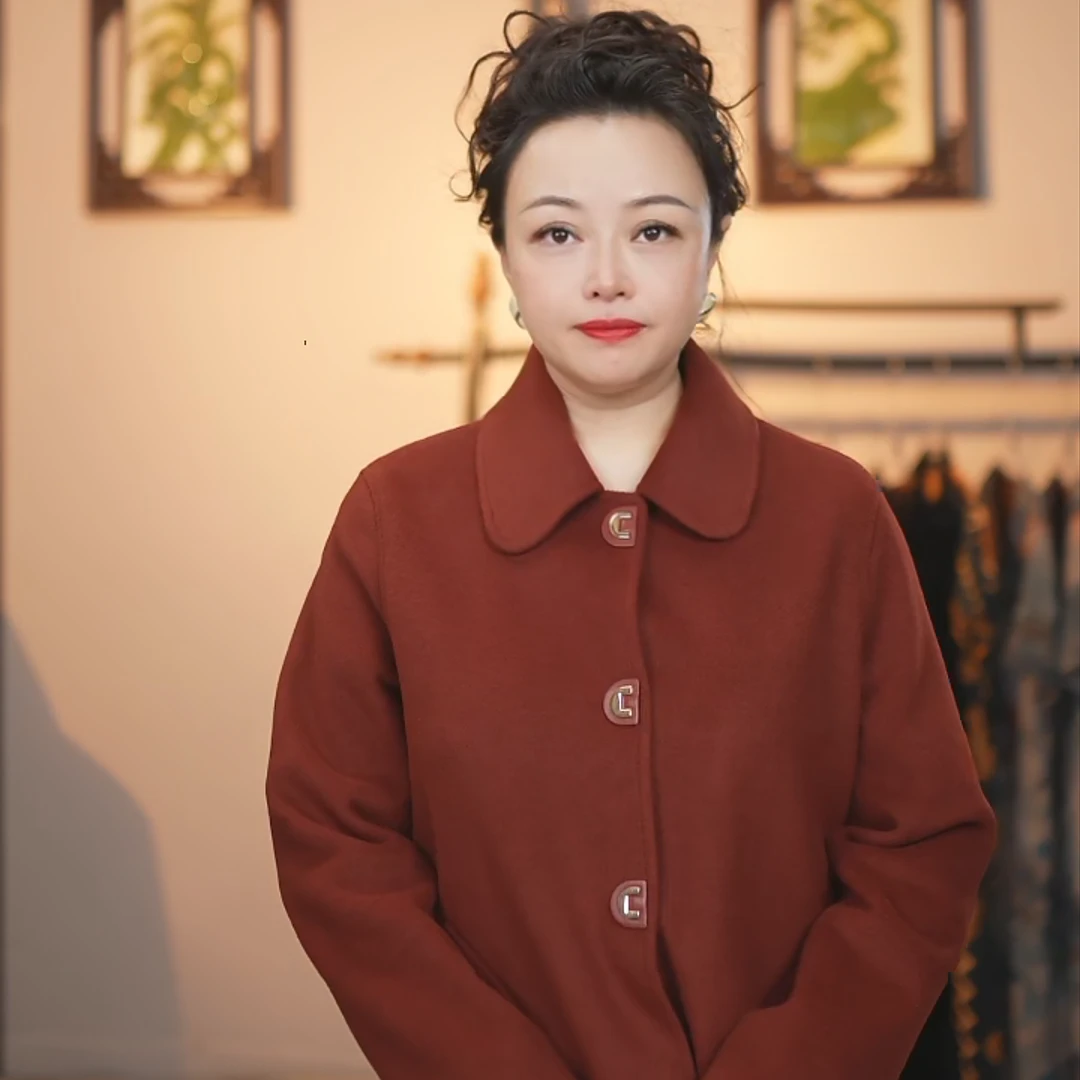 法式短款休闲风民族风中老年女装短外套翻领呢子