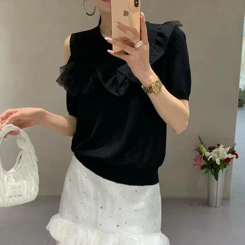 【墨臻精选】夏季新款薄款时尚法式气质设计感T恤针织8379重工