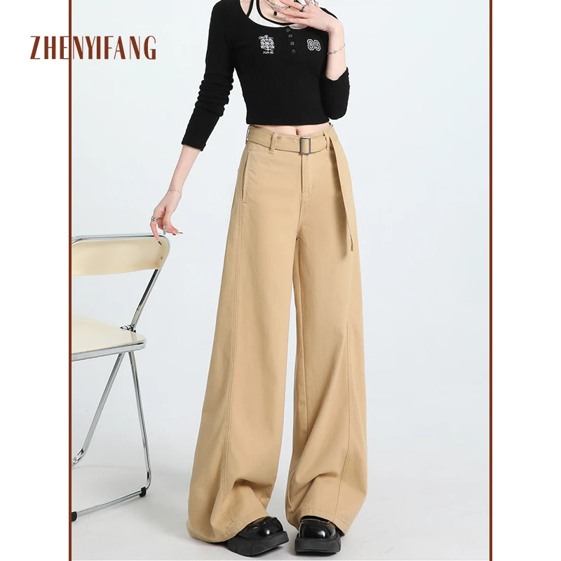 真衣坊宽松牛仔裤女卡其色2025春装休闲直筒裤女阔腿裤配腰带TZ