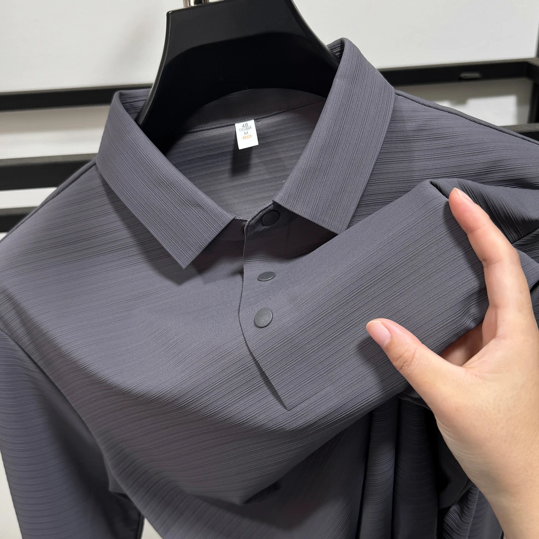 VIATEMSIARY无痕开叉冰丝长袖t恤男士商务休闲简约条纹纯色Polo衫