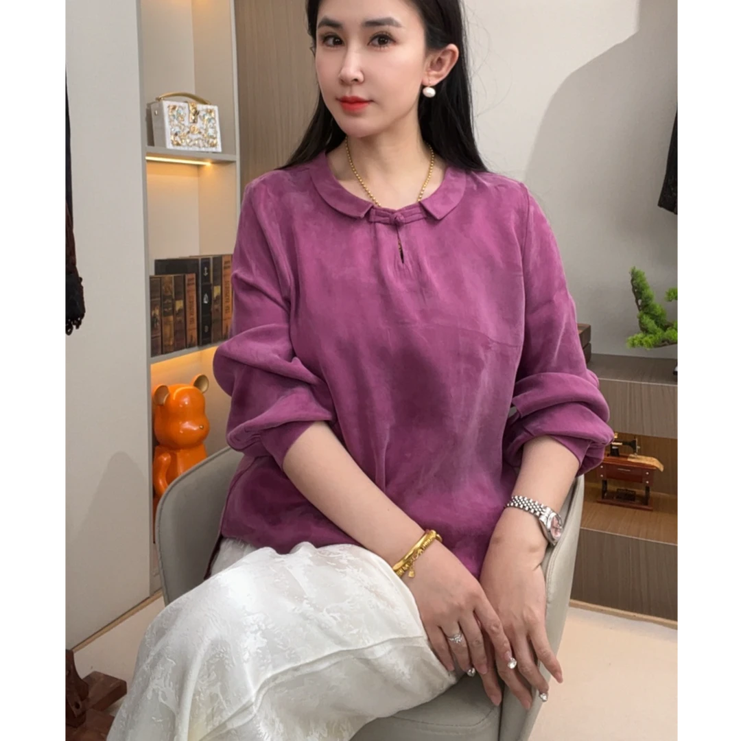 紫【紫菱】中式改良挂霜设计师老料砂洗气质百搭小衫