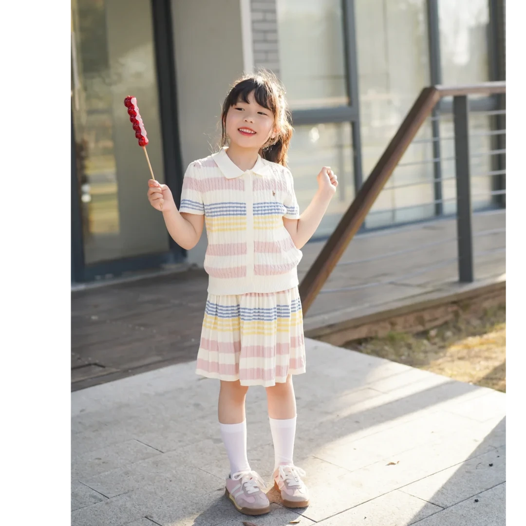 【Y-M】彩虹拼接女童夏季休闲针织上衣条纹半身裙潮童