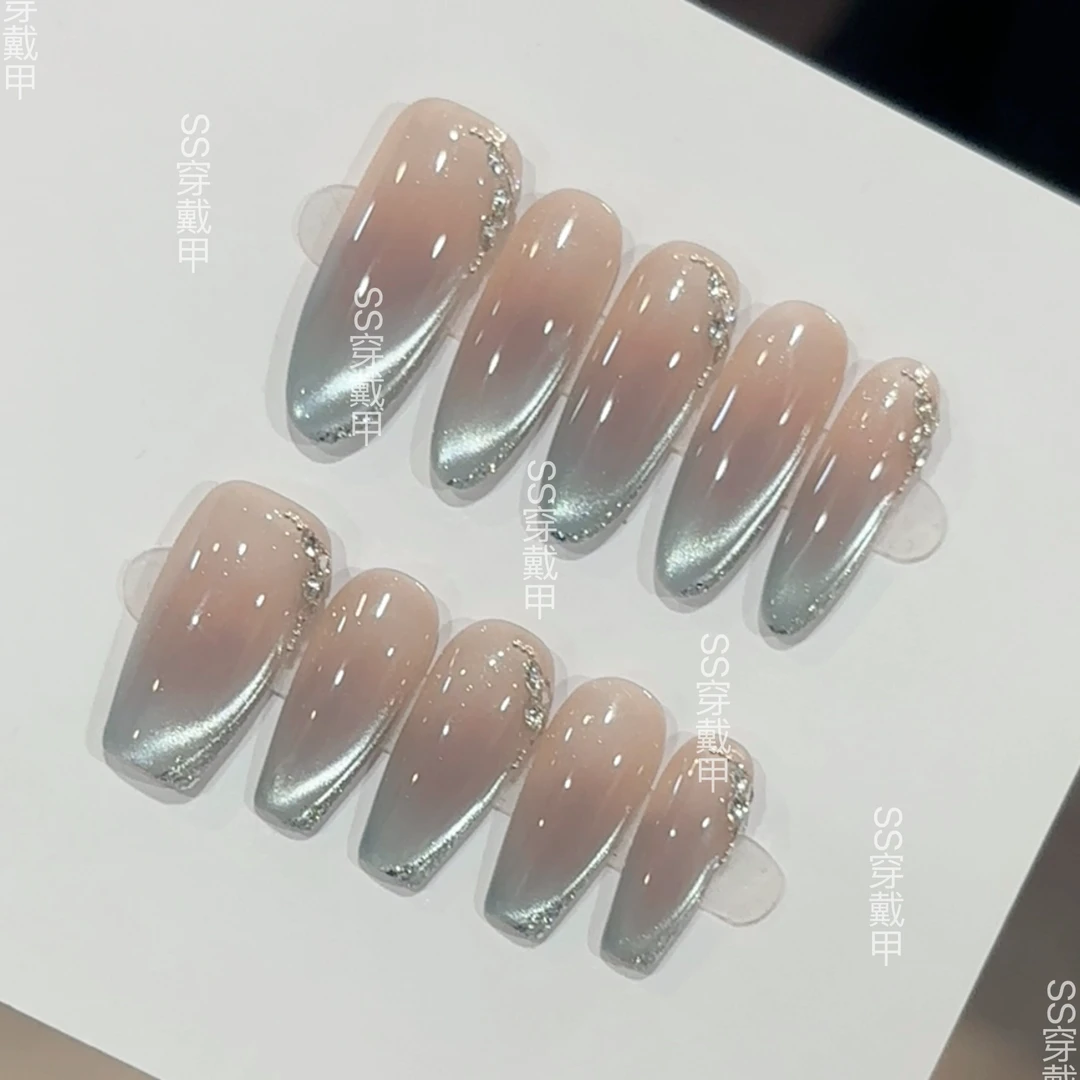 【心蓝如梦】高品爆款纯手工穿戴甲绵密猫眼蝴蝶高级美甲贴片