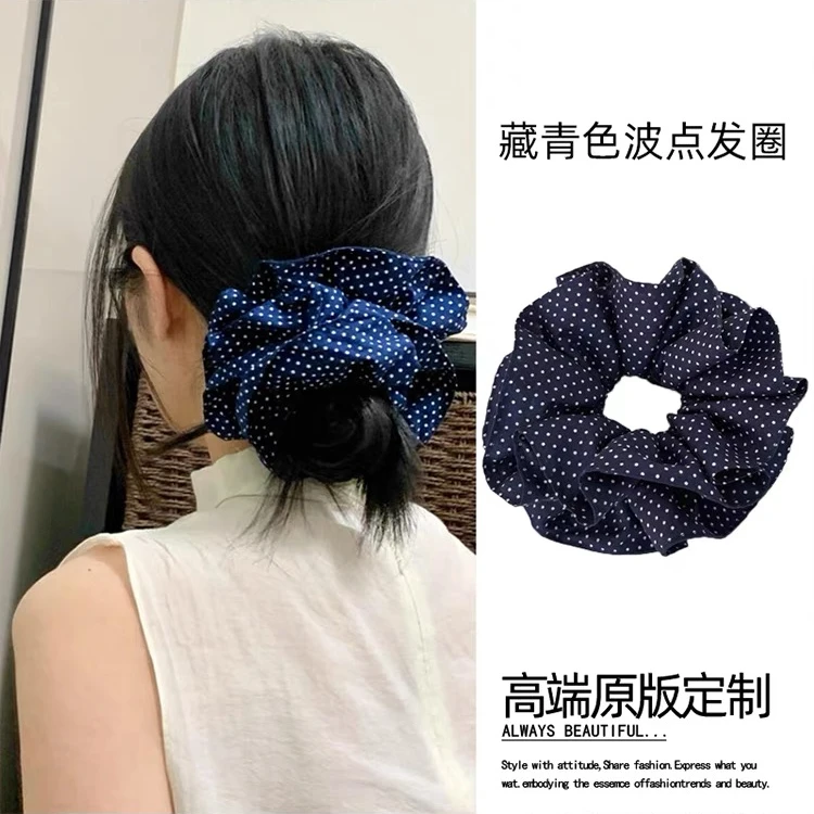 韩系丸子头~波点蓝色大肠发圈头绳女2025新款头花高级感发绳发饰