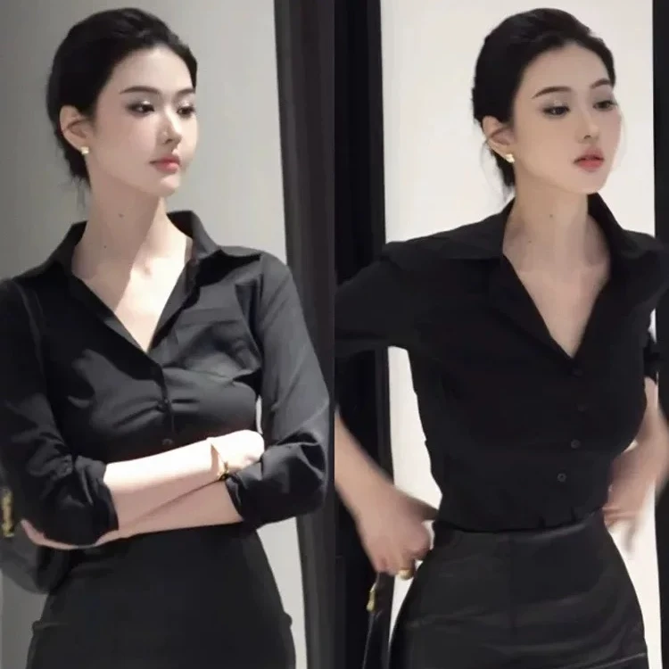 辣妹御姐风性感收腰紧身弹力衬衫女职场通勤OL高腰包臀半身裙套装