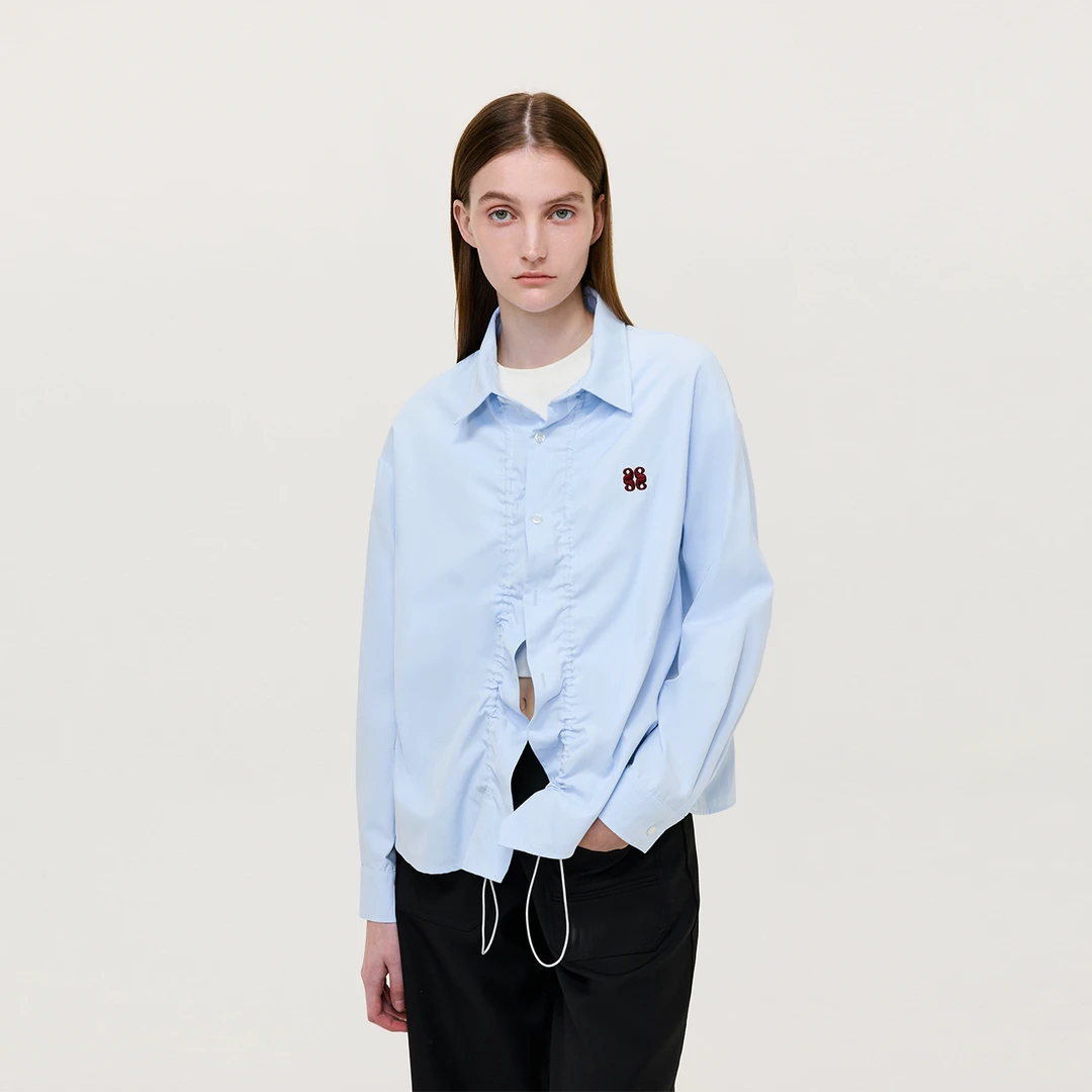 ATRY可塑性抽褶木耳边长袖衬衫女翻领春秋季新品休闲抽绳设计上衣