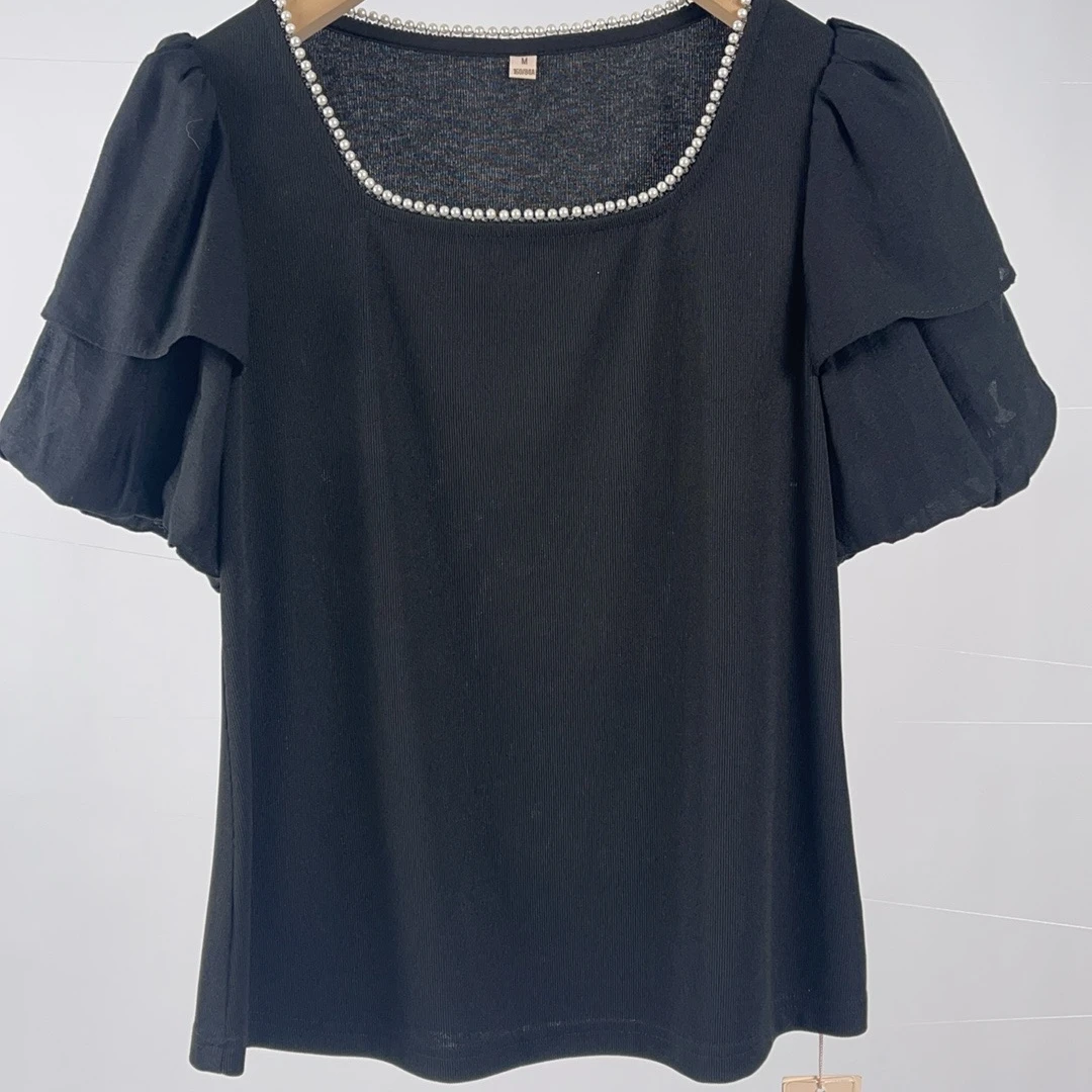 【JX黑白小衫】洋气中长款2025夏季新款小衫黑色百搭显瘦宽松时尚