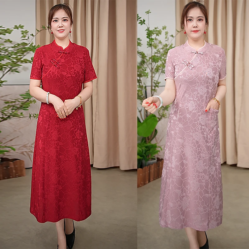 春夏款女装短袖立领旗袍纯色显瘦文艺复古打底中长款连衣裙