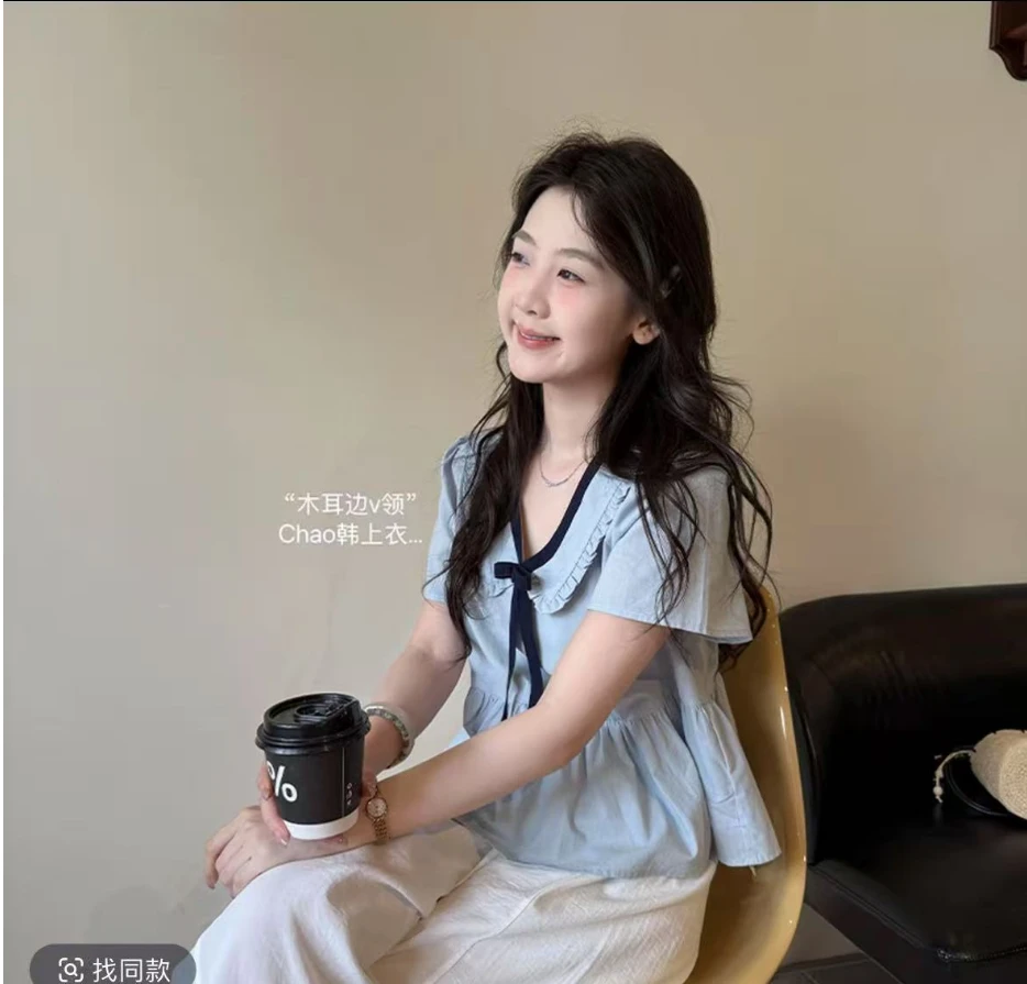 蓝冰湖 小众设计夏季新款简约娃娃领短袖衬衫女上衣