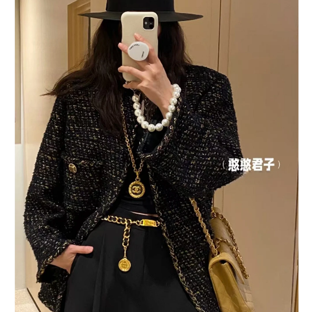 99新 Chanel/香奈儿 埃及黑金廓形琉璃扣编织外套/F34/编号3456