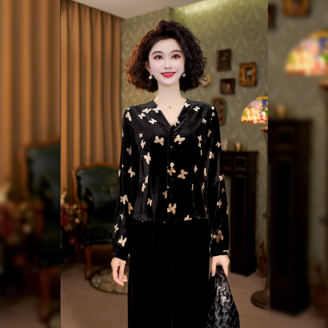 长袖女装V领碎花修身春秋款蝴蝶印花真丝绒上衣MCGSY1599