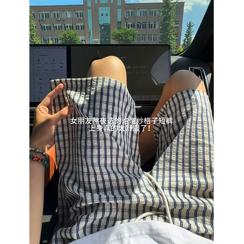 美式泡泡纱格子短裤男夏季薄款拼接设计感直筒裤子休闲阔腿五分裤