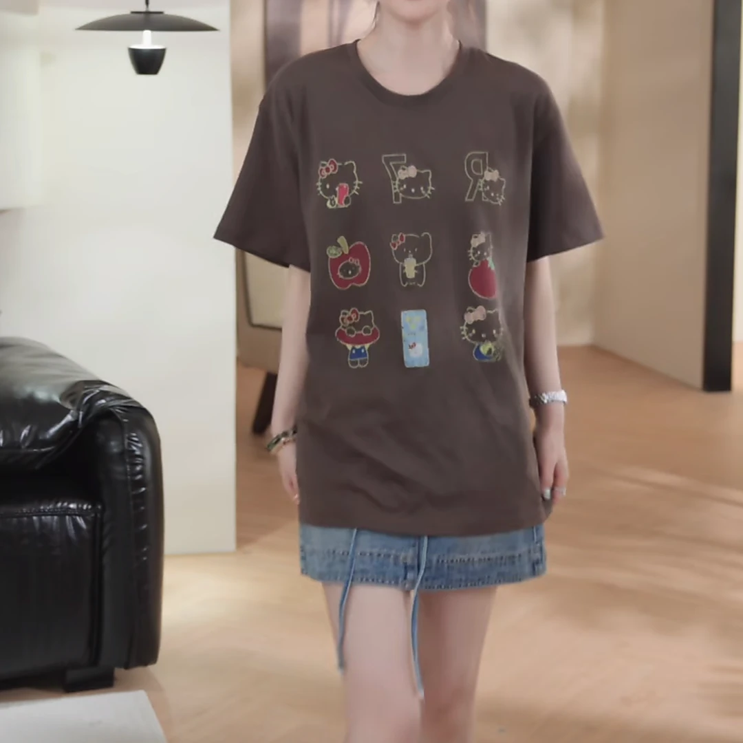 设计感猫咪字母短袖T恤女2025新款夏季轻奢极简休闲百搭简约上衣